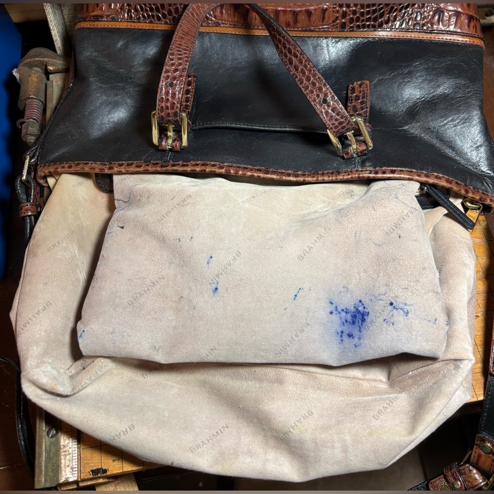 Brahmin Leather Mini Tote Black Pecan Croc Tan w Adj Strap 13”Wx7.25”Hx4.5”W - Picture 17 of 17